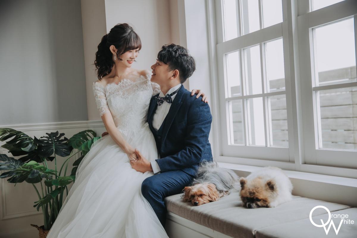 寵物婚紗 一對新婚夫妻與毛小孩的室內婚紗照