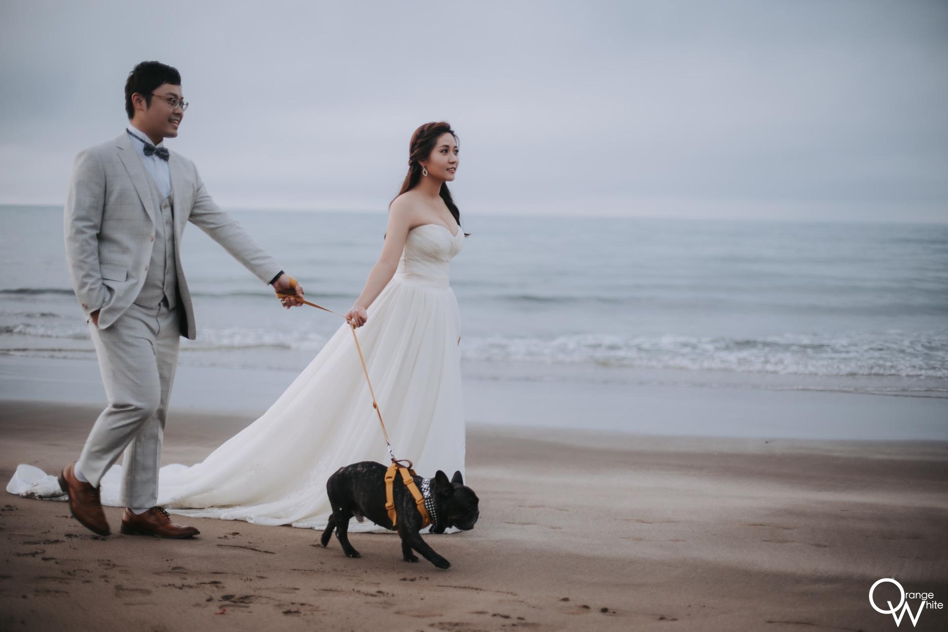 寵物婚紗｜一對新婚夫妻和他們最愛的狗狗一起拍沙灘婚紗照